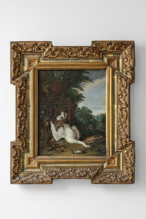French Sporting Scene with Swans in Ornate Gilt Frame