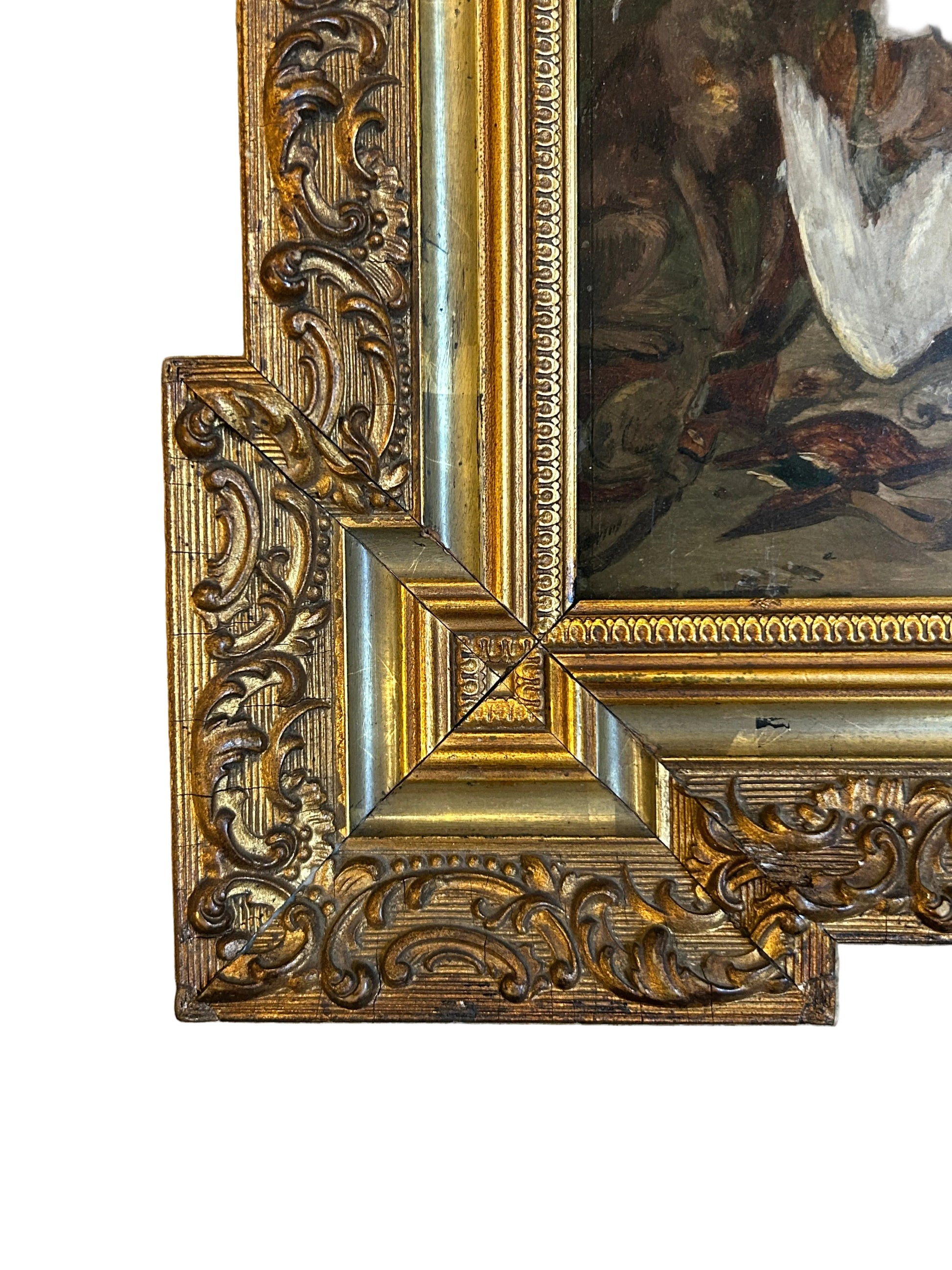 French Sporting Scene with Swans in Ornate Gilt Frame