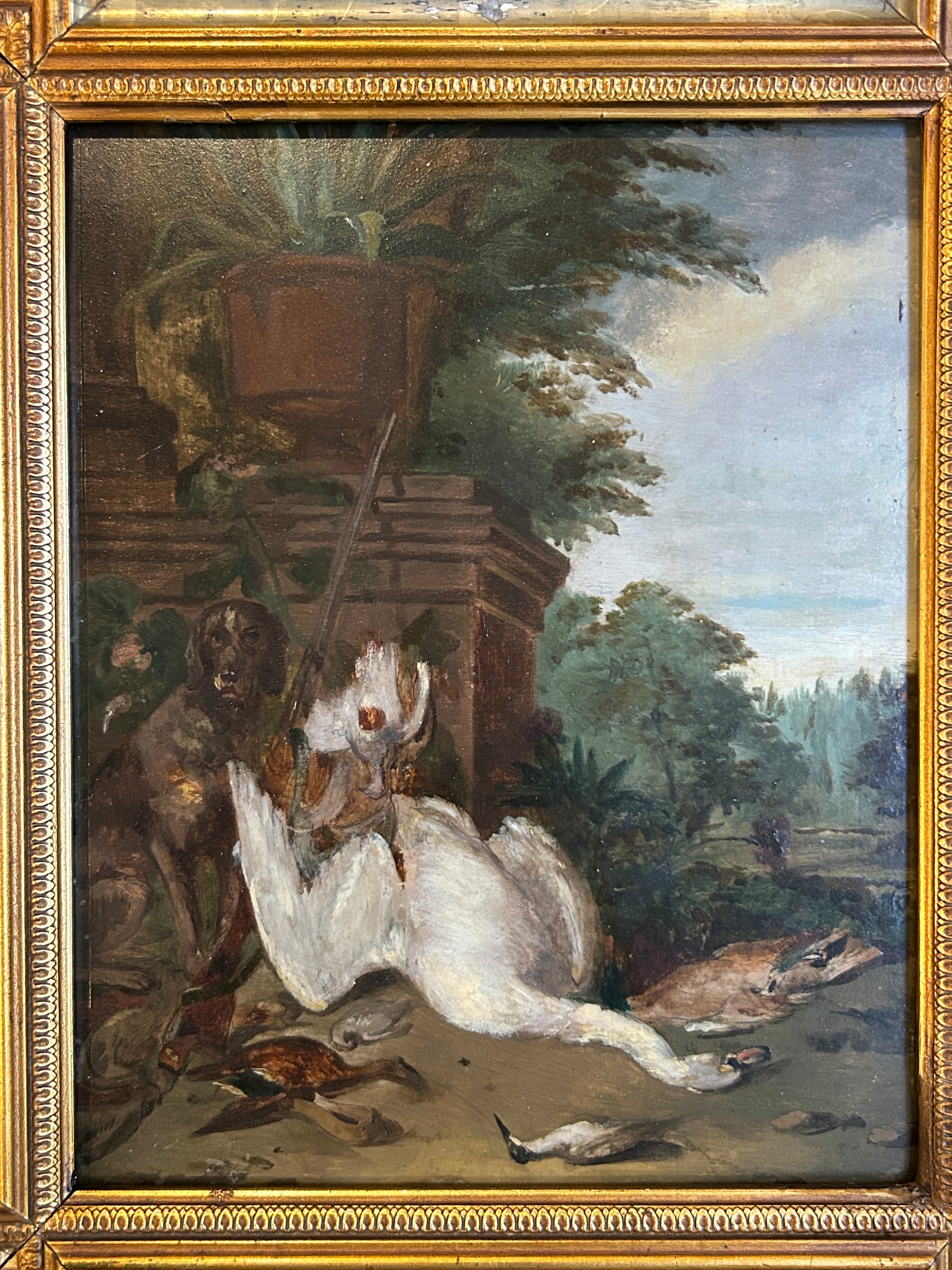 French Sporting Scene with Swans in Ornate Gilt Frame