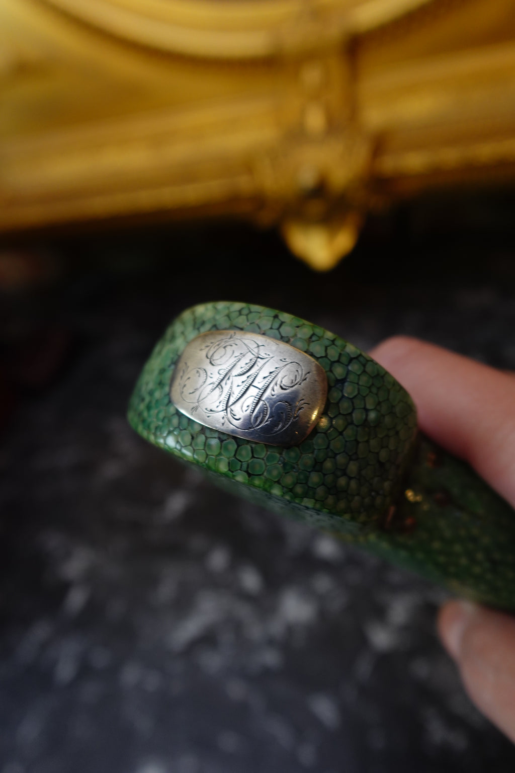 Antique Green Shagreen Etui with Silver Monogram Plaque, c.1880–1900