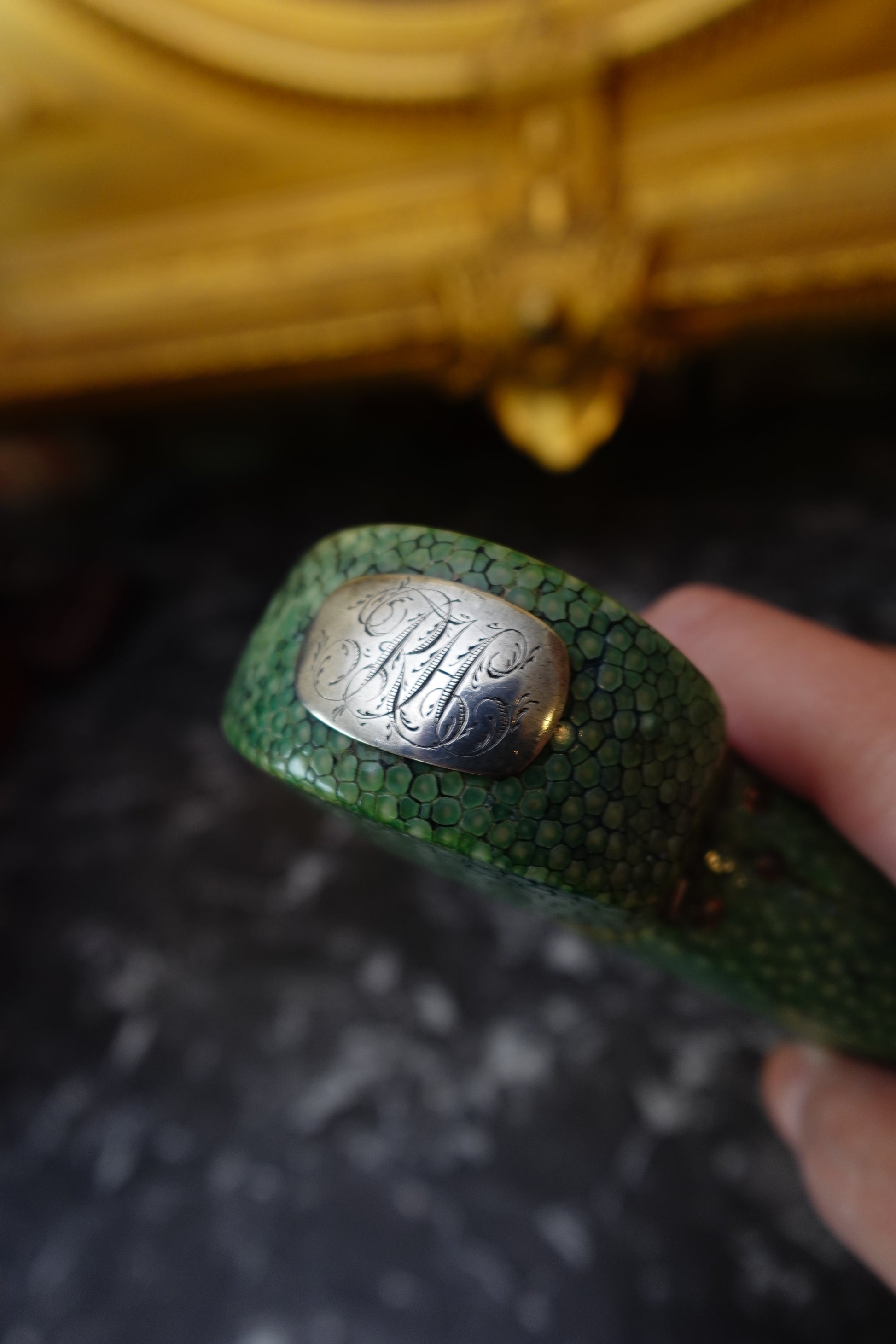 Antique Green Shagreen Etui with Silver Monogram Plaque, c.1880–1900