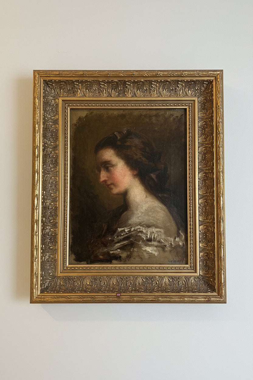 19th Century Female Portrait Oil Painting in Gilt Frame