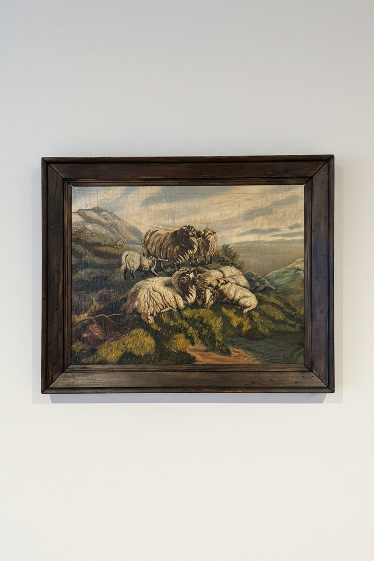 Highland Sheep Landscape Oil Painting in Rustic Wood Frame