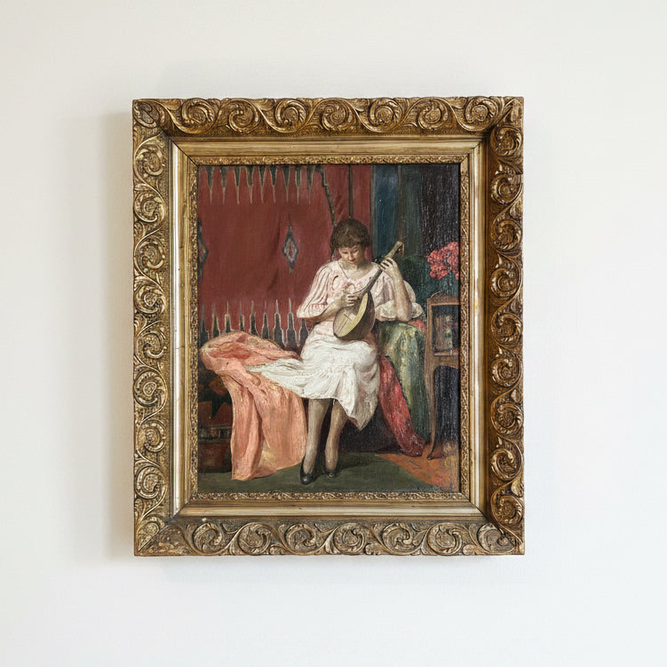 Romantic Interior Scene Oil Painting with Lute Player