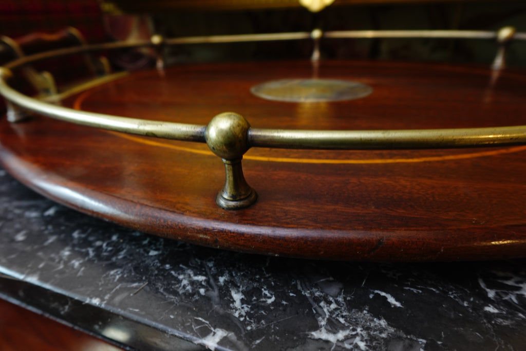 English Mahogany Butler’s Tray with Brass Gallery & Sterling Cartouche (Sheffield, c.1900)
