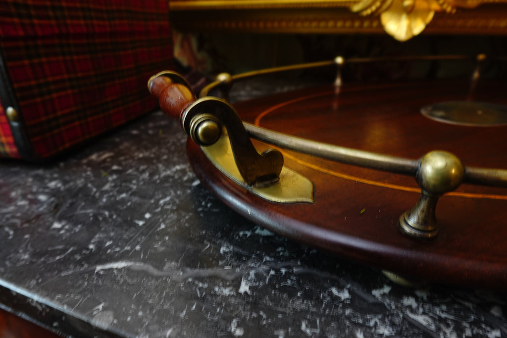 English Mahogany Butler’s Tray with Brass Gallery & Sterling Cartouche (Sheffield, c.1900)