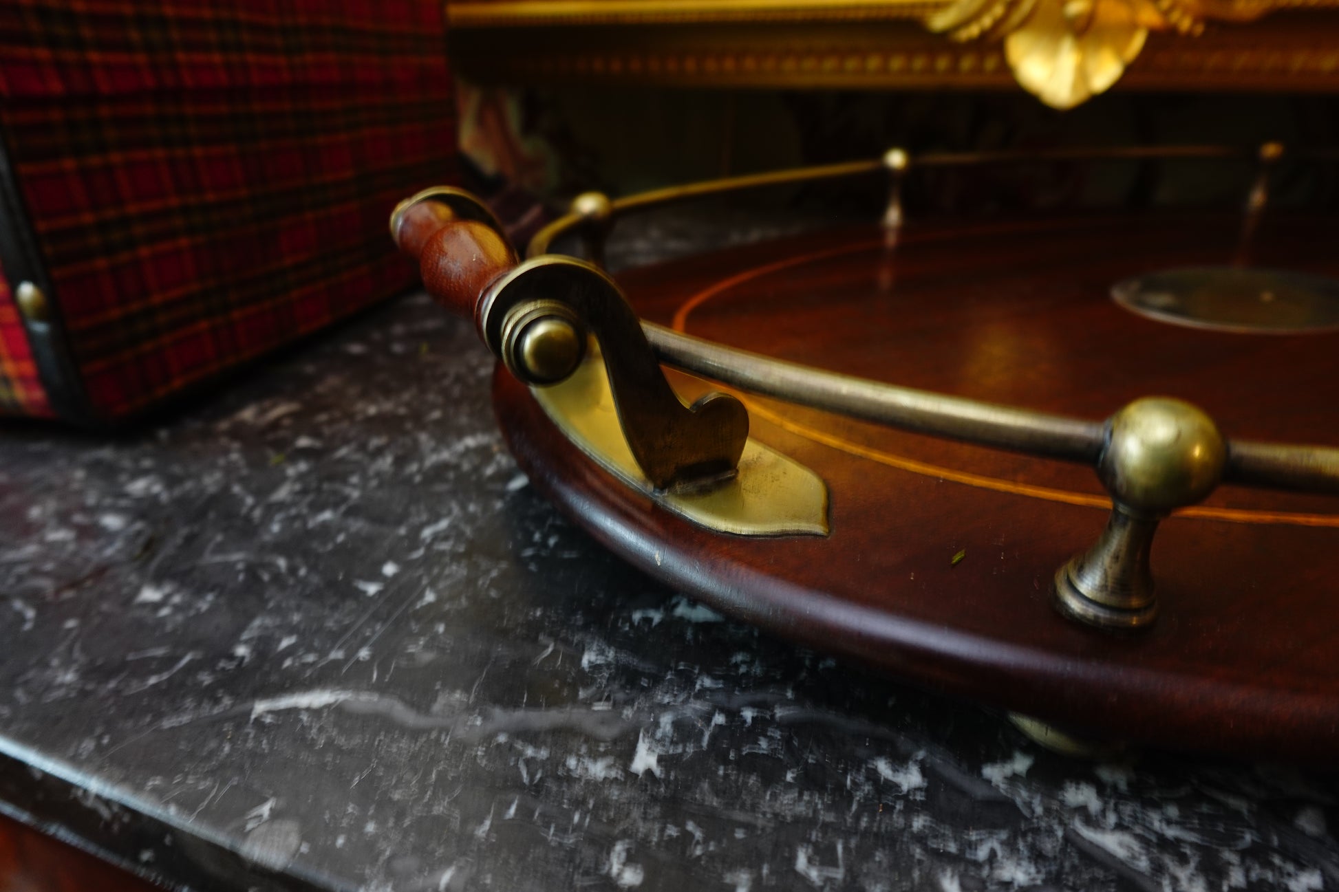 English Mahogany Butler’s Tray with Brass Gallery & Sterling Cartouche (Sheffield, c.1900)