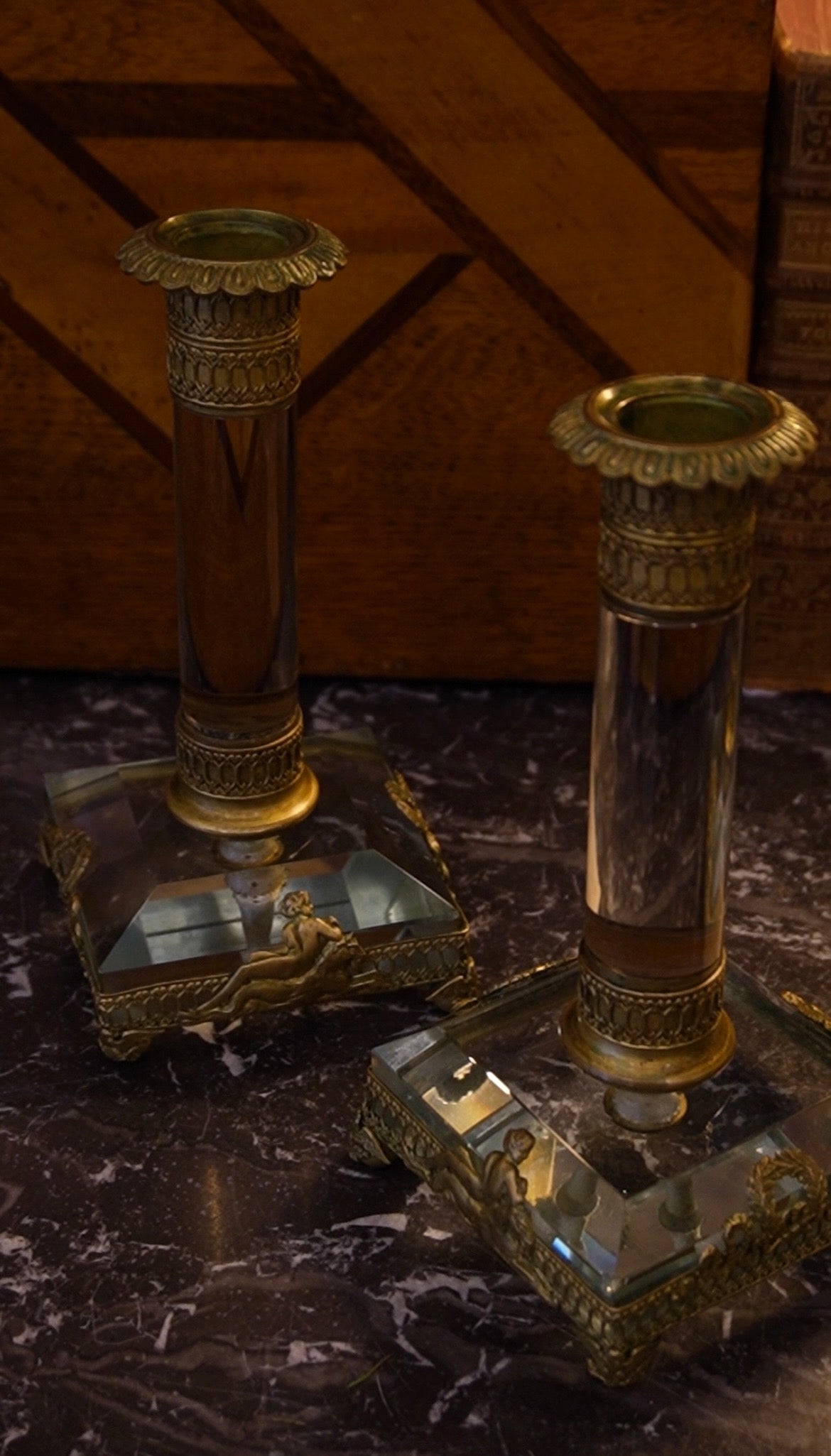French Empire Style Crystal and Ormolu Candlesticks with Classical Figural Mounts, Pair