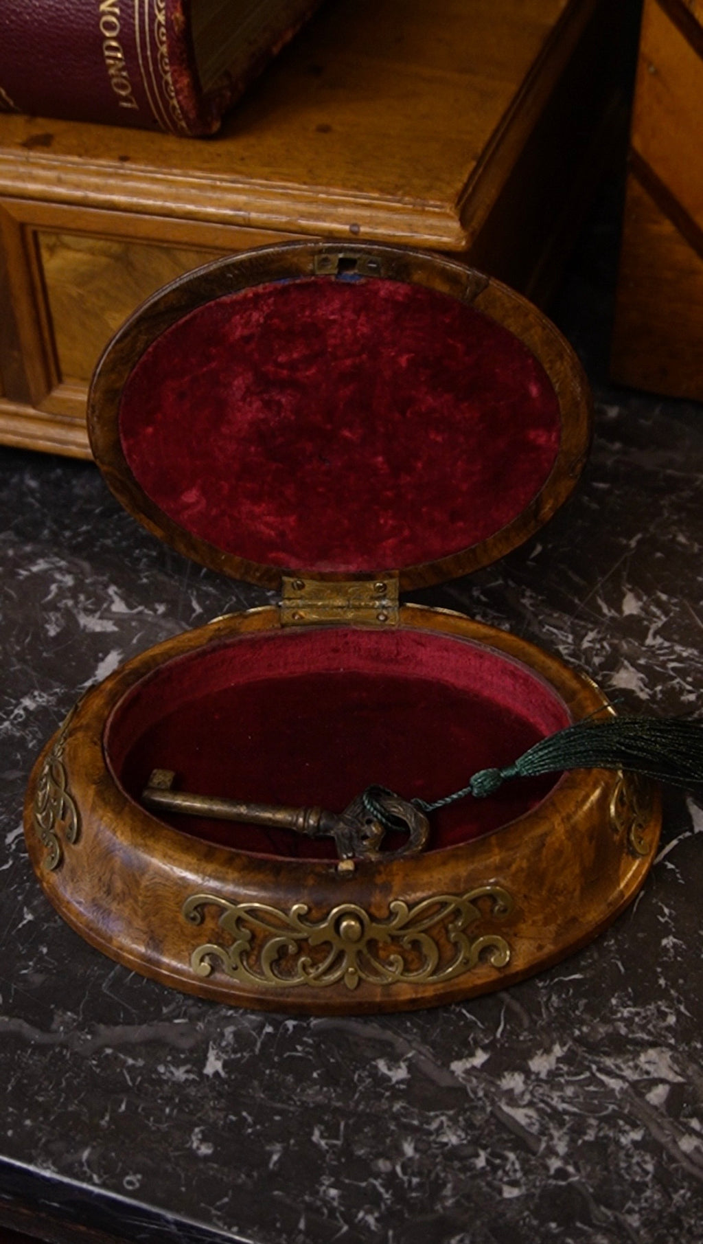 Victorian Burl Walnut Jewelry Casket with Brass Inlay