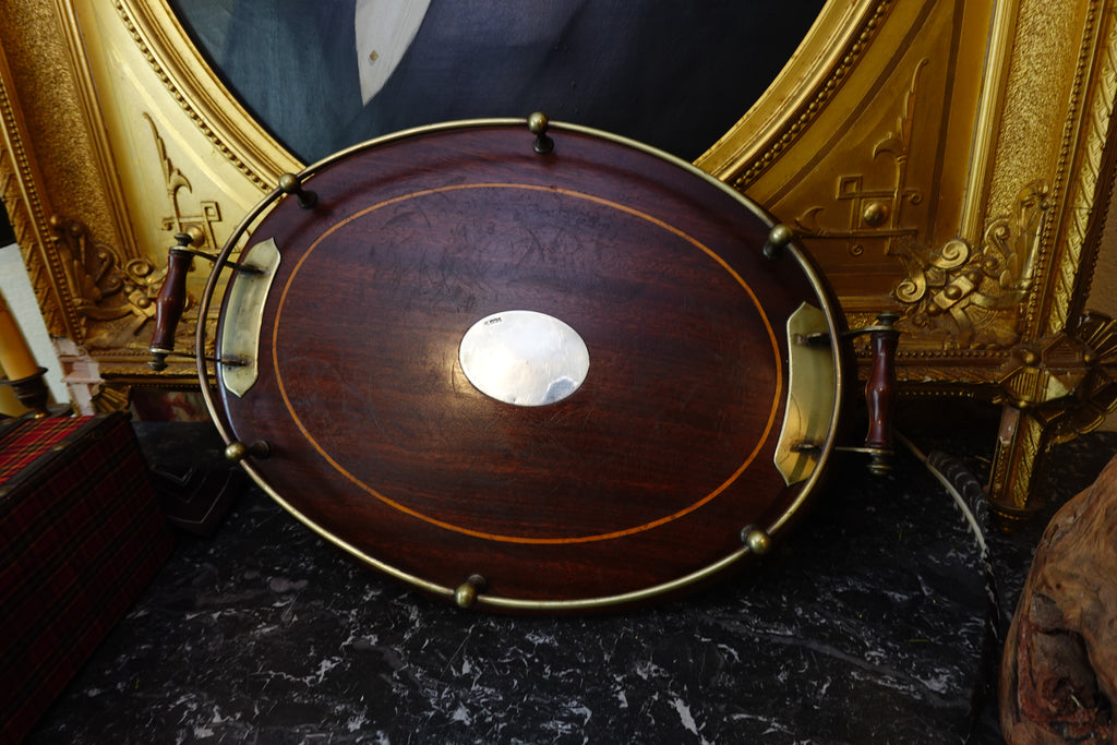 English Mahogany Butler’s Tray with Brass Gallery & Sterling Cartouche (Sheffield, c.1900)
