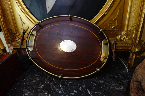 English Mahogany Butler’s Tray with Brass Gallery & Sterling Cartouche (Sheffield, c.1900)