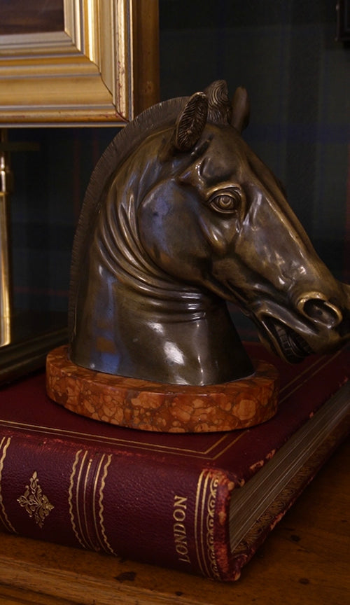 Bronze Horse Head Sculpture on Marble Base