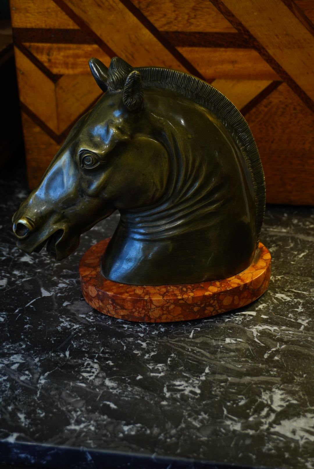 Bronze Horse Head Sculpture on Marble Base
