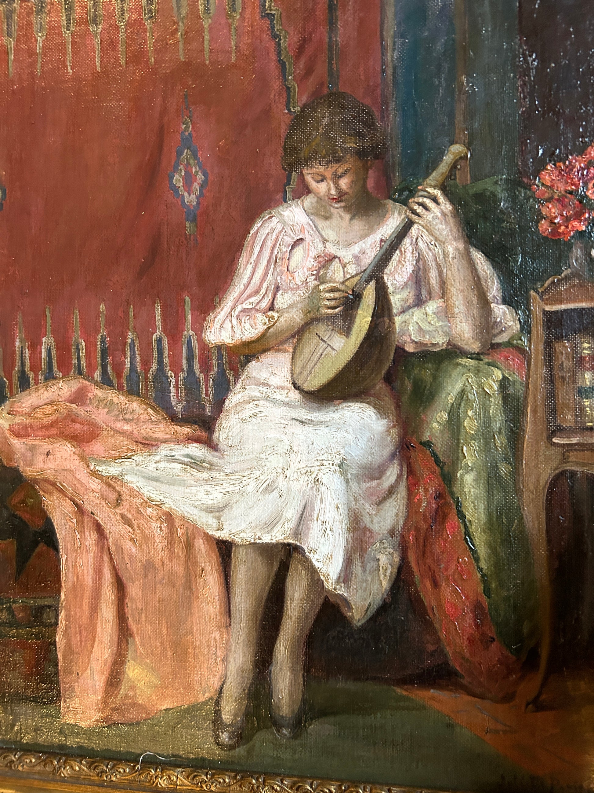 Romantic Interior Scene Oil Painting with Lute Player