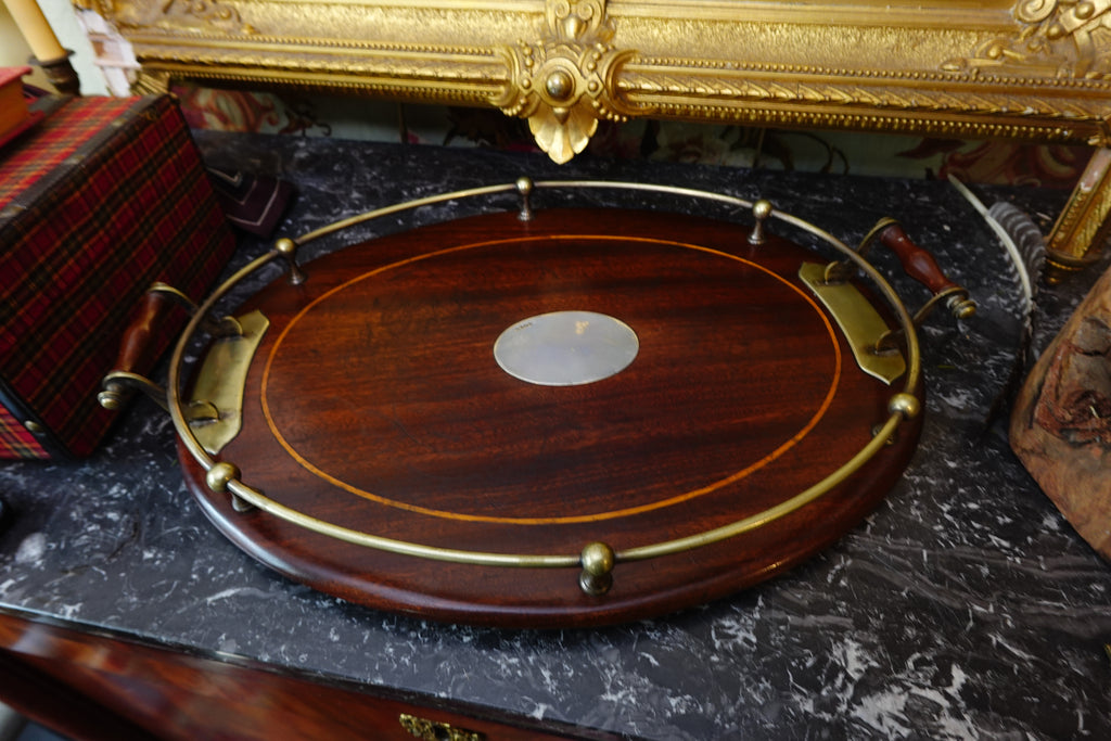 English Mahogany Butler’s Tray with Brass Gallery & Sterling Cartouche (Sheffield, c.1900)